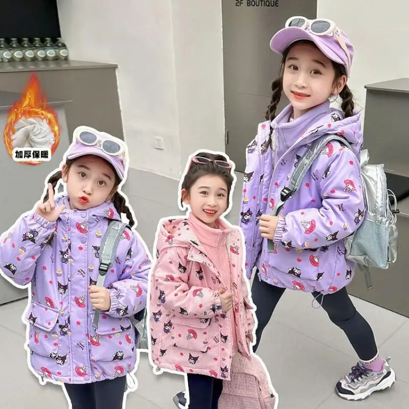 

Kawaii Kuromi Girls Triple Thicken Coat Cartoon Winter Warm Child Fashionable Child Baby Triple Jacket Winter Clothes