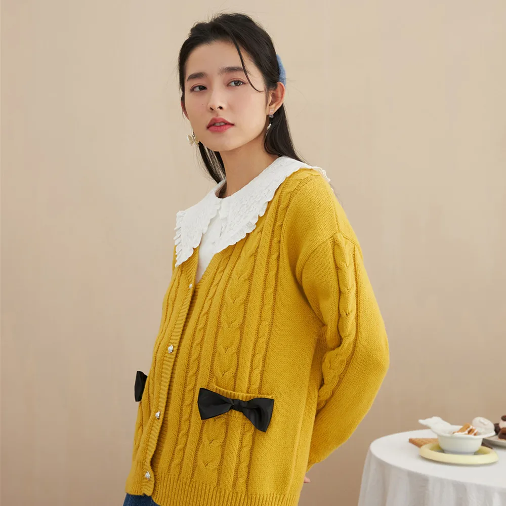 INMAN Women's Sweater Spring Autumn Warm Cardigan For Women Tops Casual Sweater Jacket Sweet Bow Twist Kawaii Knitted Pull Femme