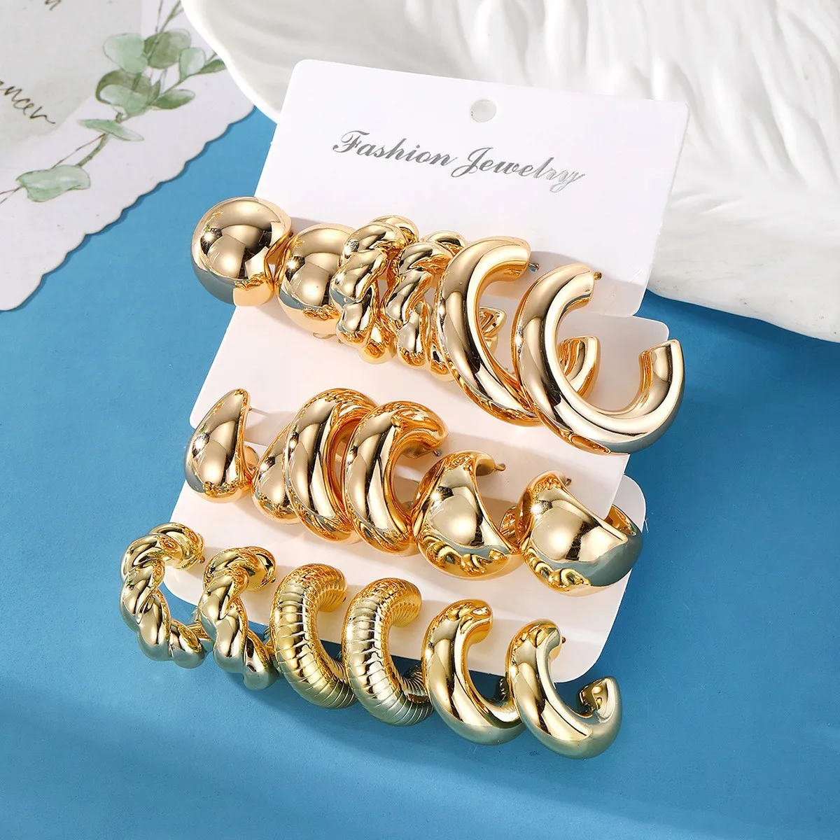New Trendy Gold Color Twisted C Shape Tear Drop Earrings Set for Women Fashion Metal Geometric Circle Earrings Jewelry