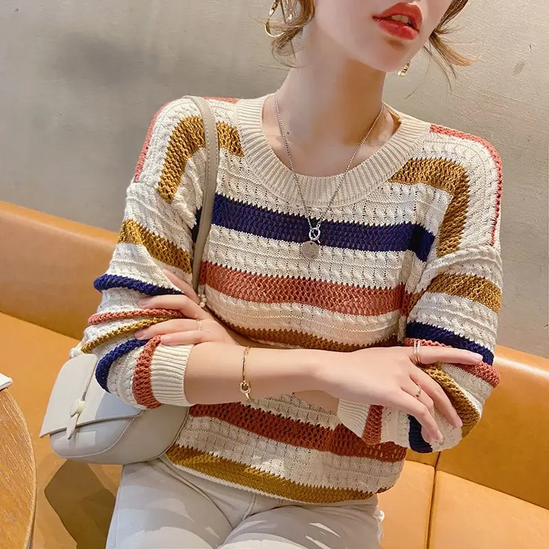 Women Autumn Korean Fashion Loose Multicolor Striped O-neck Long Sleeve Knitwear Women Clothes Casual All-match Office Lady Tops