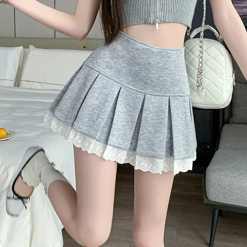 Pop Pop Summer New Women's Sport Skirt Lace Trim Pleated Mini Skirt Youthful Anti-Light Half-length Skirt Pure Color Lace Fabric