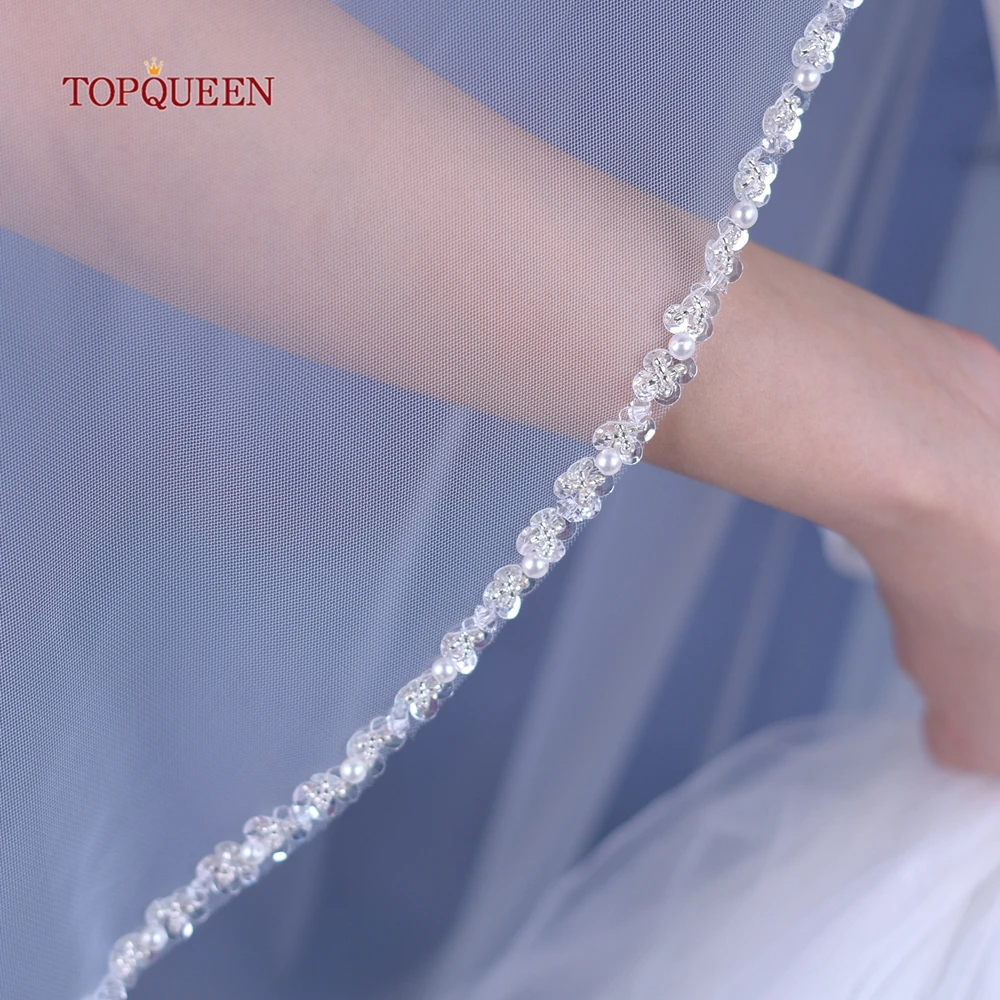 Topqueen-بسيط حافة الكريستال الحجاب الزفاف واحد ، إكسسوار الزفاف ، V235 ،