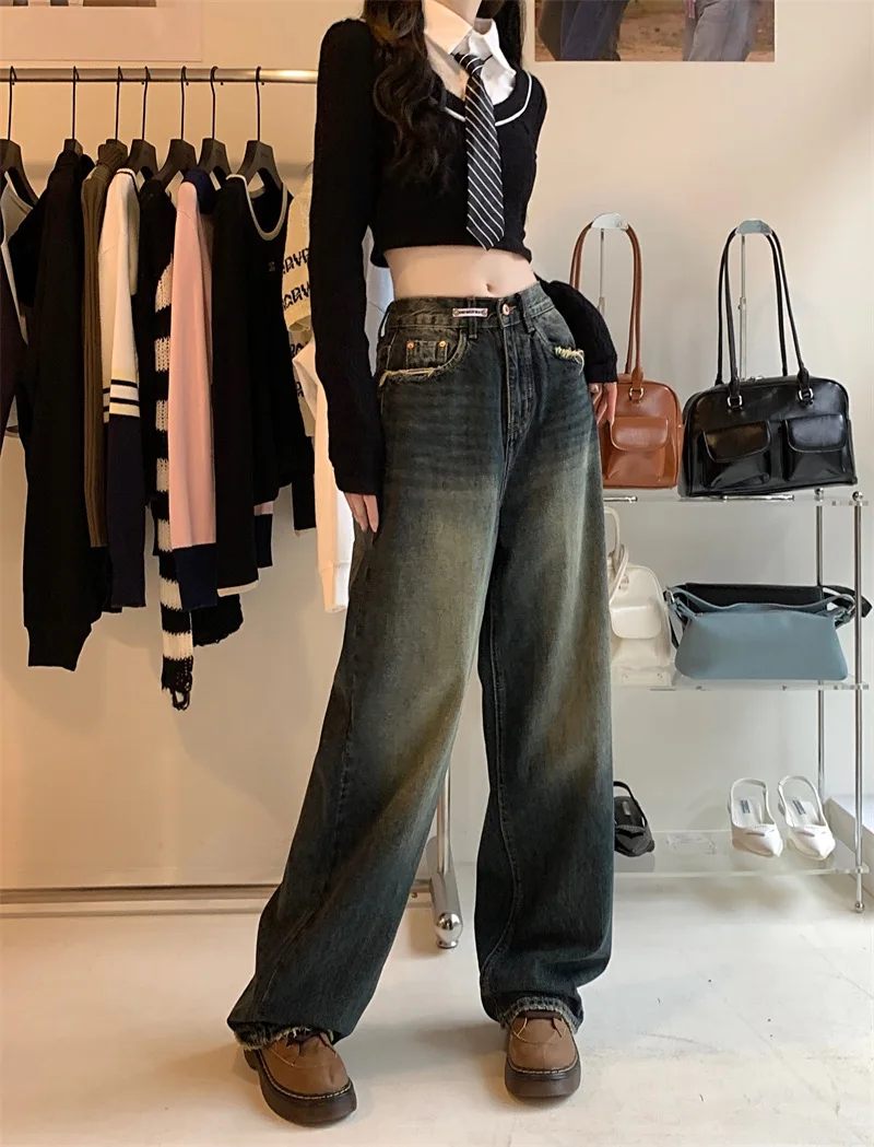 Women's Harajuku Style Loose Wide Leg Jeans Autumn Winter Street Fashion Retro Straight Loose Denim Trousers ﻿