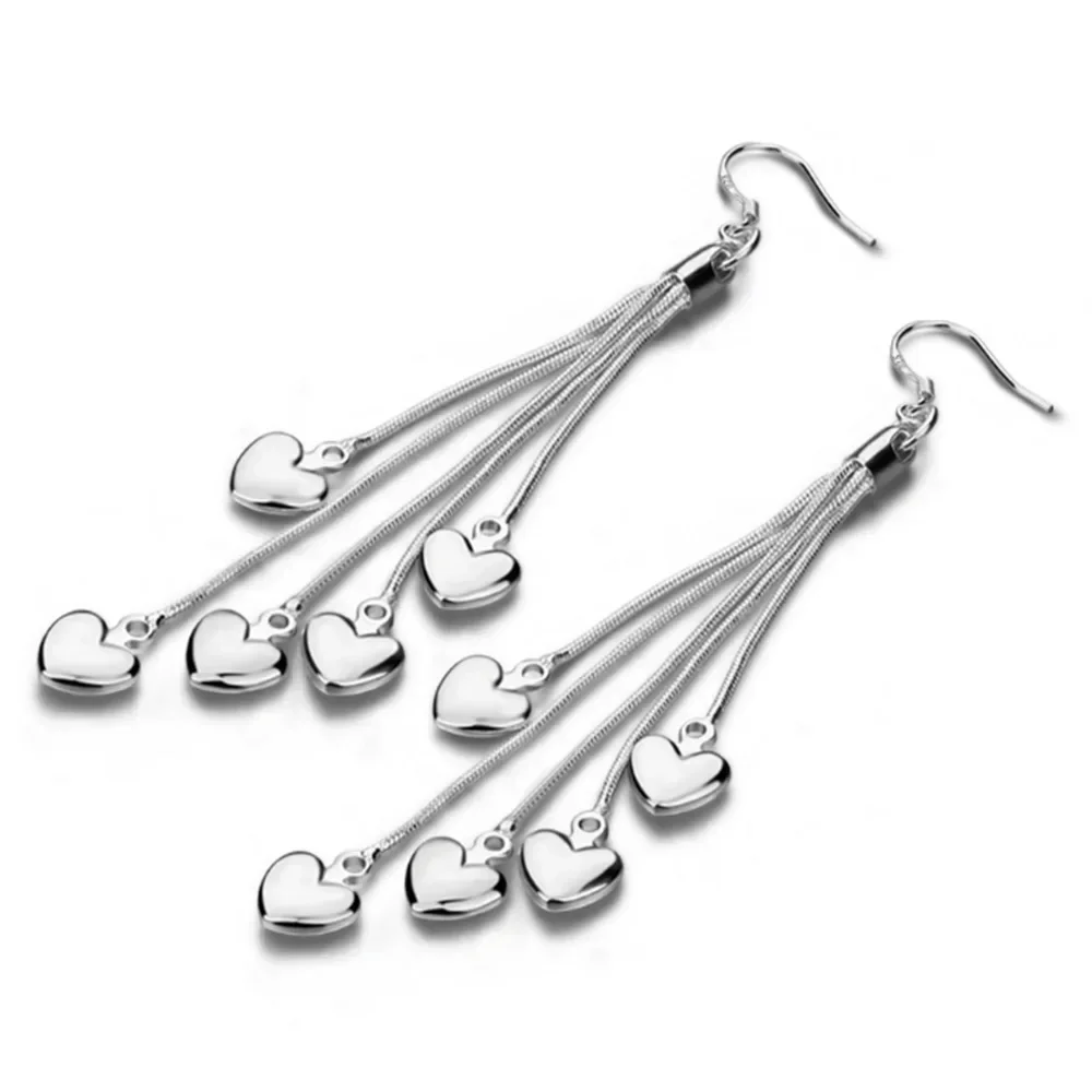 Wholesale 925 Sterling Silver pretty 70MM Upper Tassel Heart Earrings For Women Fashion Girlfriend Wedding Jewelry Couple Gifts