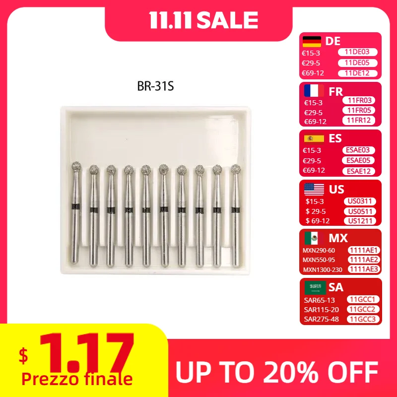 

2pack BR-31S Dental Diamond Burs Drill Ball Round Type 25mm FG 1.6mm For High Speed Handpiece 450000r/Min 10pcs/Pack