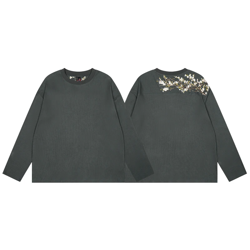 

Derschutze T-shirt Fall Fashion Streetwear High Quality Embroidered Floral Pattern Waffle Long Sleeved Tops Men Women