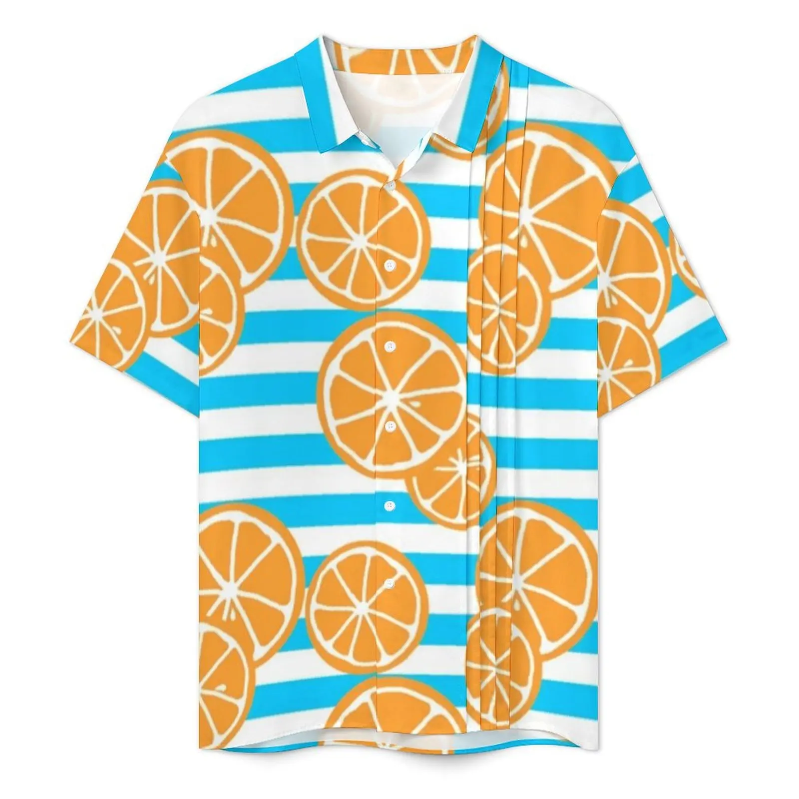 Oranges Slices Beach Shirt White and Blue Stripes Summer Casual Shirts Male Classic Blouses Short-Sleeve Comfortable Graphic Top