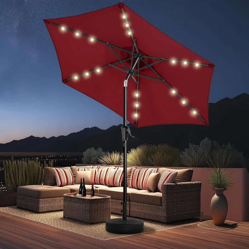 7.5ft Solar Patio Umbrella - Solar Lights LED Lighted Outdoor Market Table Umbrella, UPF50+ UV Protection with Push Button