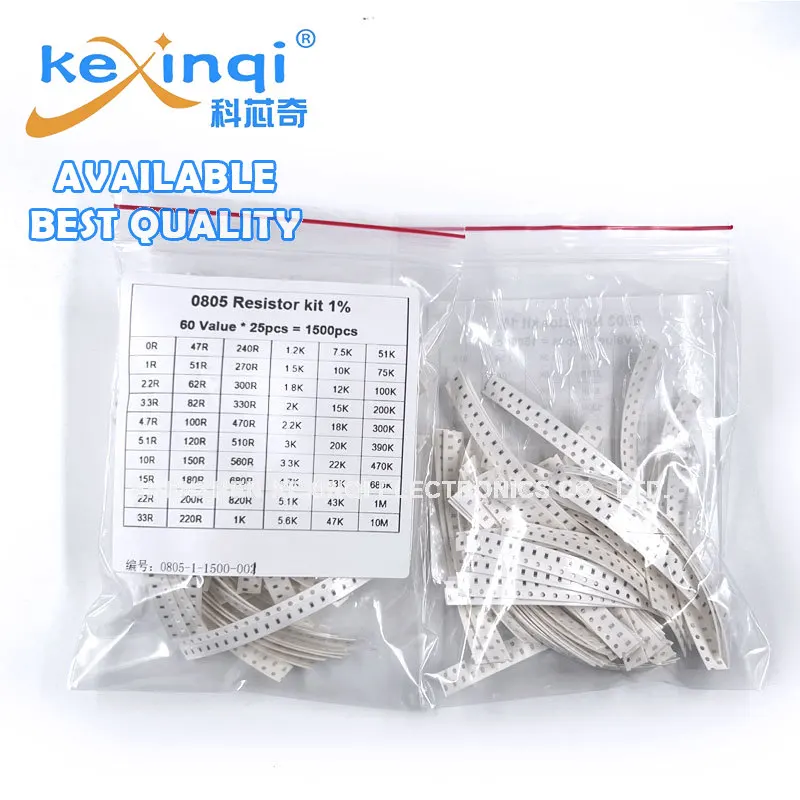 1500Pcs 0805 1% Set of Resistors SMD Chip Resistor Assorted Kit Diy 10R - 910K Ohm 60valuesX 25pcs Sample 100R 330R 4.7K 3.3K 68