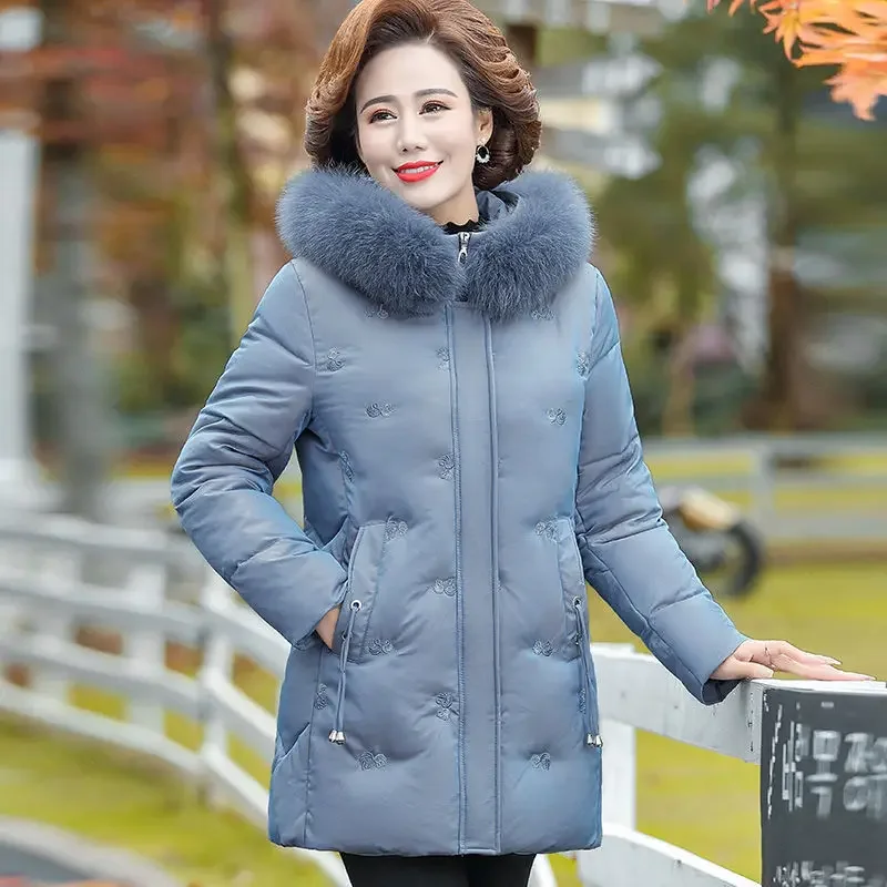 Middle-aged Mother Winter Embroidered Warm Jacket Plus velvet Thicken Parkas Outwear Fashion Loose Cotton Fur collar Hooded Coat