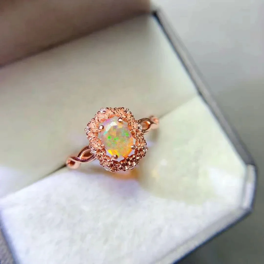 Natural Yellow Opal Ring 5mm*7mm Australian Opal Silver Jewelry 18K Gold Plated 925 Silver Gemstone Ring