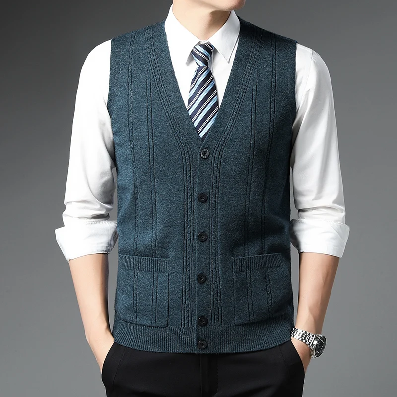 Autumn and Winter Men's Cardigan Vest Without Plush Fashion Casual Knitted Sweater Warm V-neck Vest