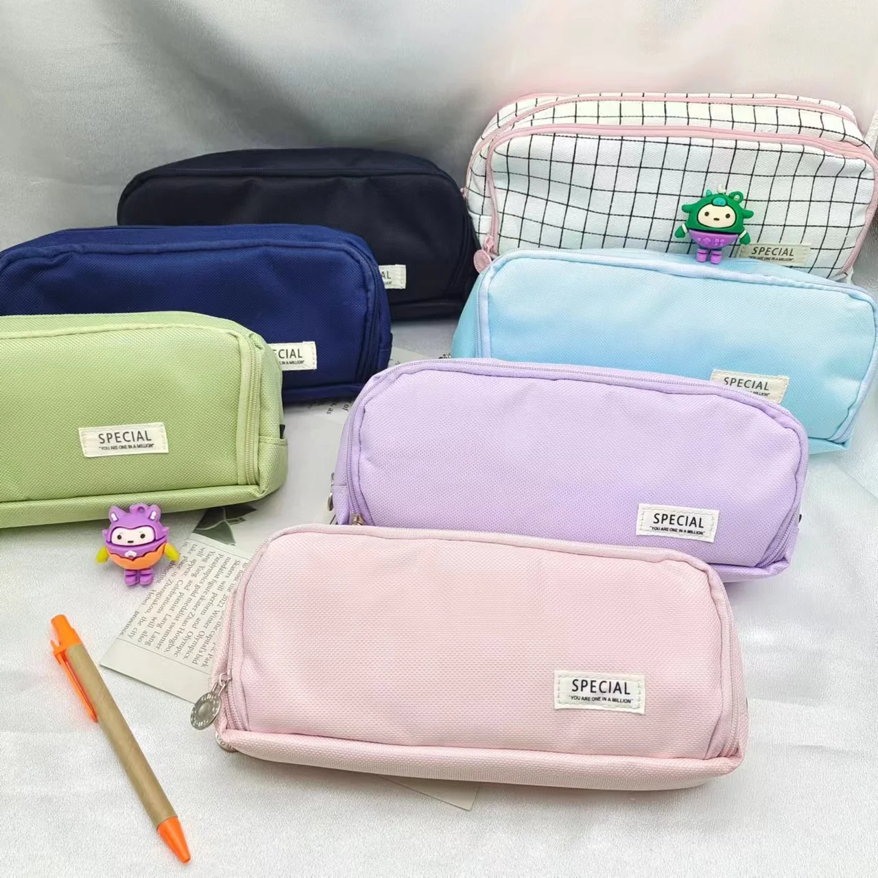 Macaron color large capacity multi-function pen bag Three-layer pen bag Pencil case Student pencil bag storage bag image 6
