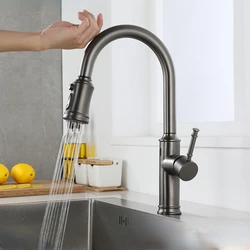 Grifo con Sensor infrarrojo inteligente, pistola de fregadero extraíble táctil, gris, de acero inoxidable, agua fría y caliente para Cocina