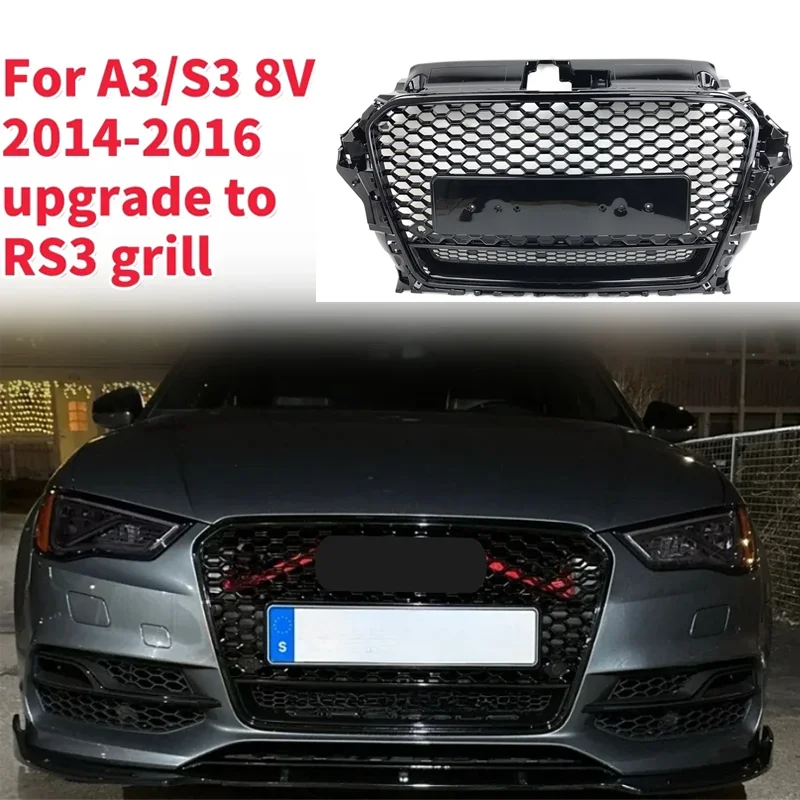 Honeycomb Grille Front Bumper Grille For Audi A3 8V 2013-2015 Glossy Black RS3 Style With Quattro High Quality Racing Grills