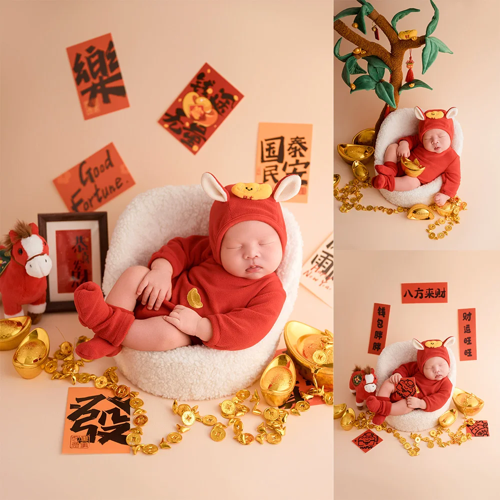Newborn Chinese New Year Theme Photography Props Red Lucky Horse Costume Plush Little Pony Dolls Decor for Studio Photographers