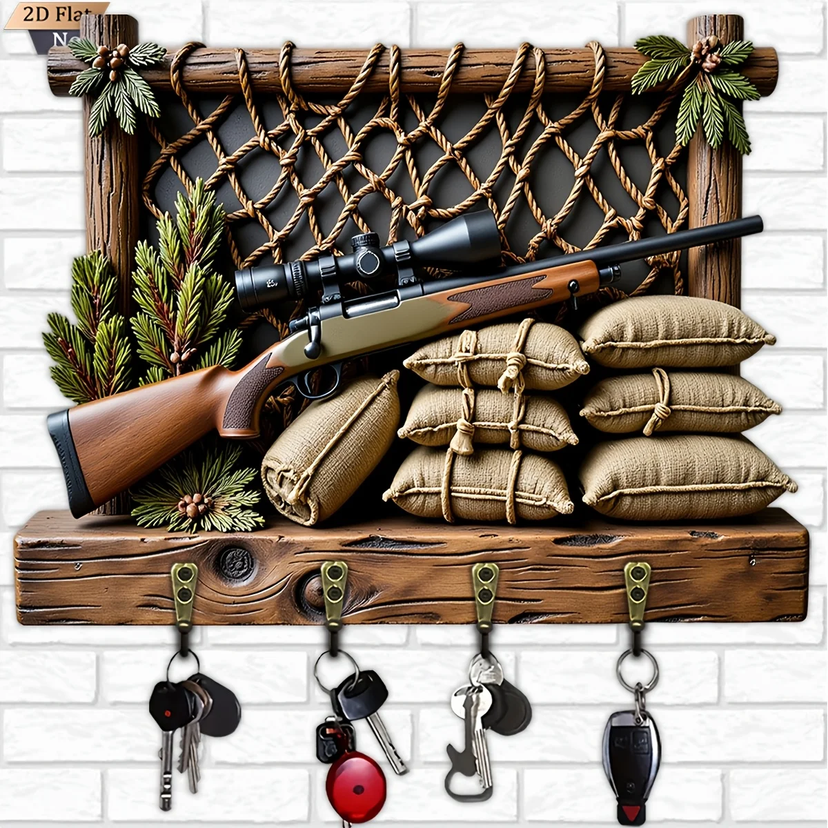 2D Flat, 1pc Vintage Wooden Key Hook, Multi-Functional Home Key Hanger with Four Metal Hooks, Wall Decor, Porch Decor, Room