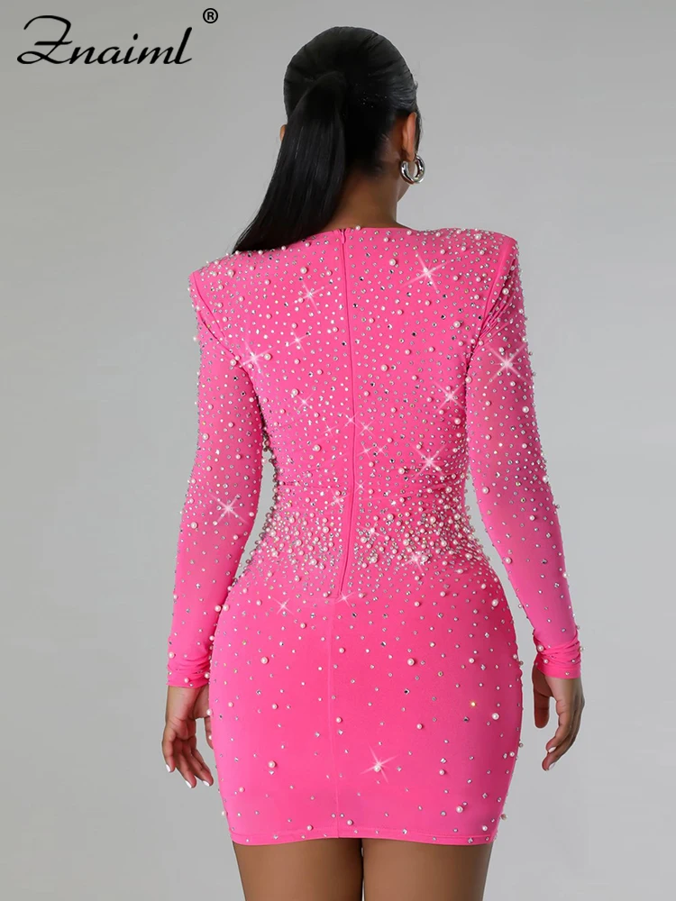 Znaiml Sexy Birthday Party Vestidos Women Diamonds Rhinestones Long Sleeve Sweetheart Collar Nightclub Prom Bodycon Mini Dress