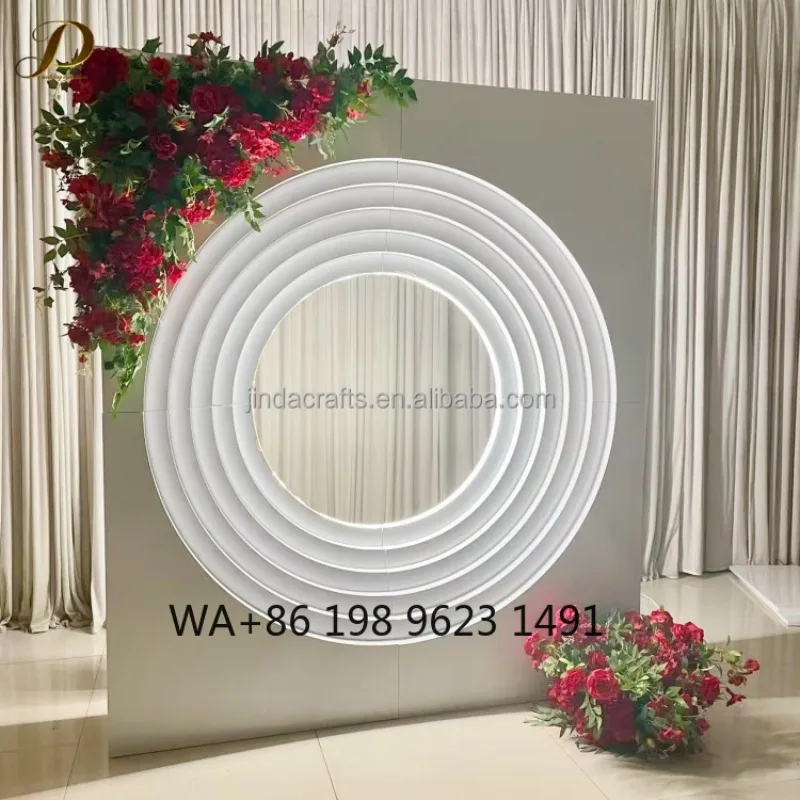 Modern 3D Square White Metal Wedding Arch Multi-layer LED Circle Backdrop Stand Stage Party Banquet Event Wedding Decor Lighting