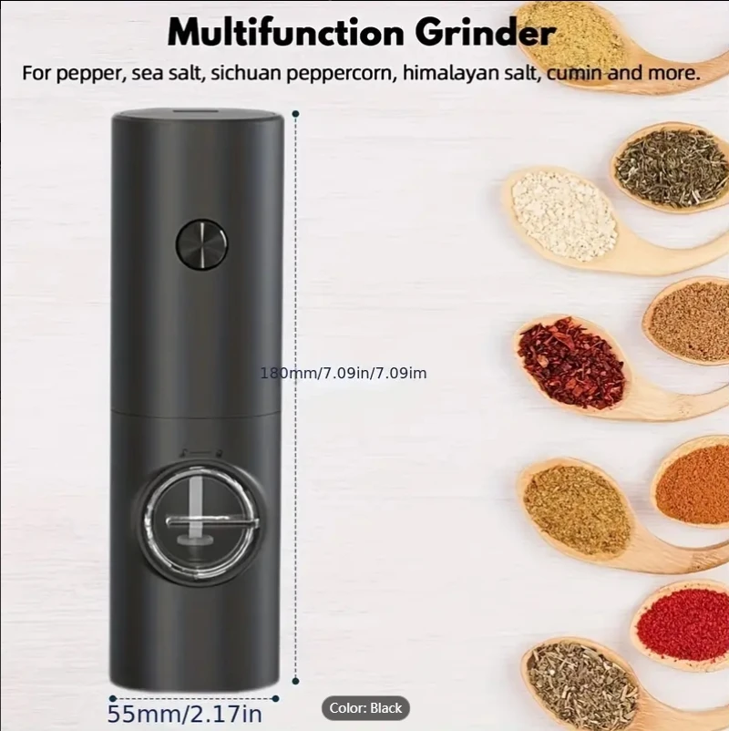 مجموعة مطحنة الفلفل والملح الكهربائية تعمل بالبطارية مع قاعدة أنيقة مطحنة الفلفل الأوتوماتيكية بإضاءة LED وسمك قابل للتعديل