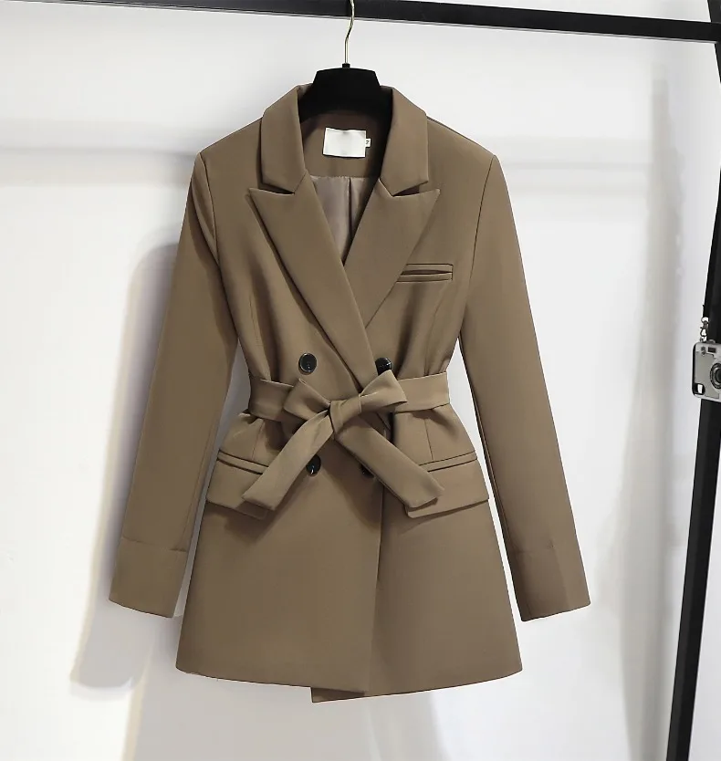 

Женский пиджак на шнуровке SuperAen, черный повседневный пиджак в Корейском стиле с отложным воротником