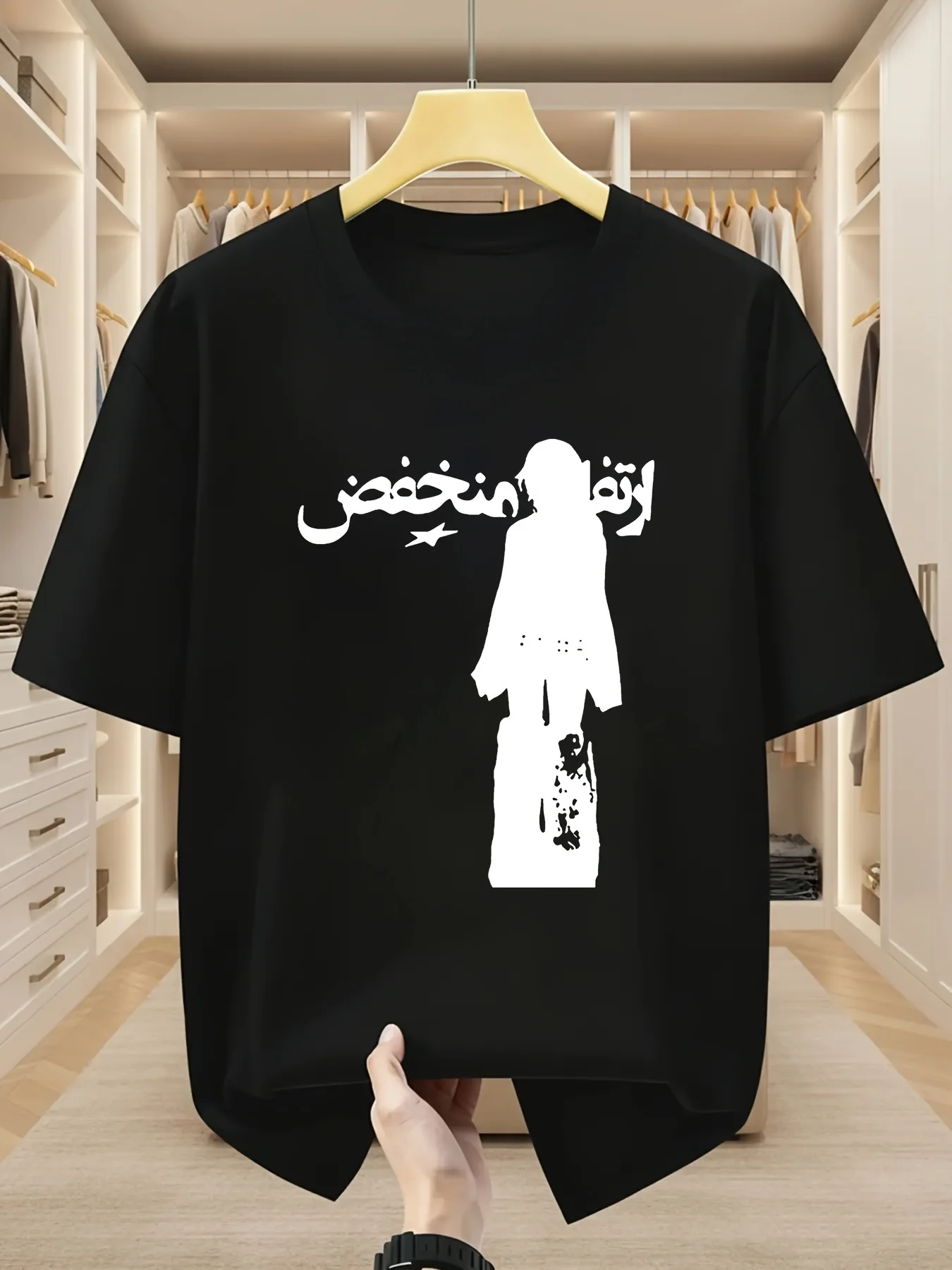 Goth Emo T-shirt Arabic Writing and Star Print Casual Harajuku Hip-hop Summer T-shirt Music Apparel Bold Print Regular Fit
