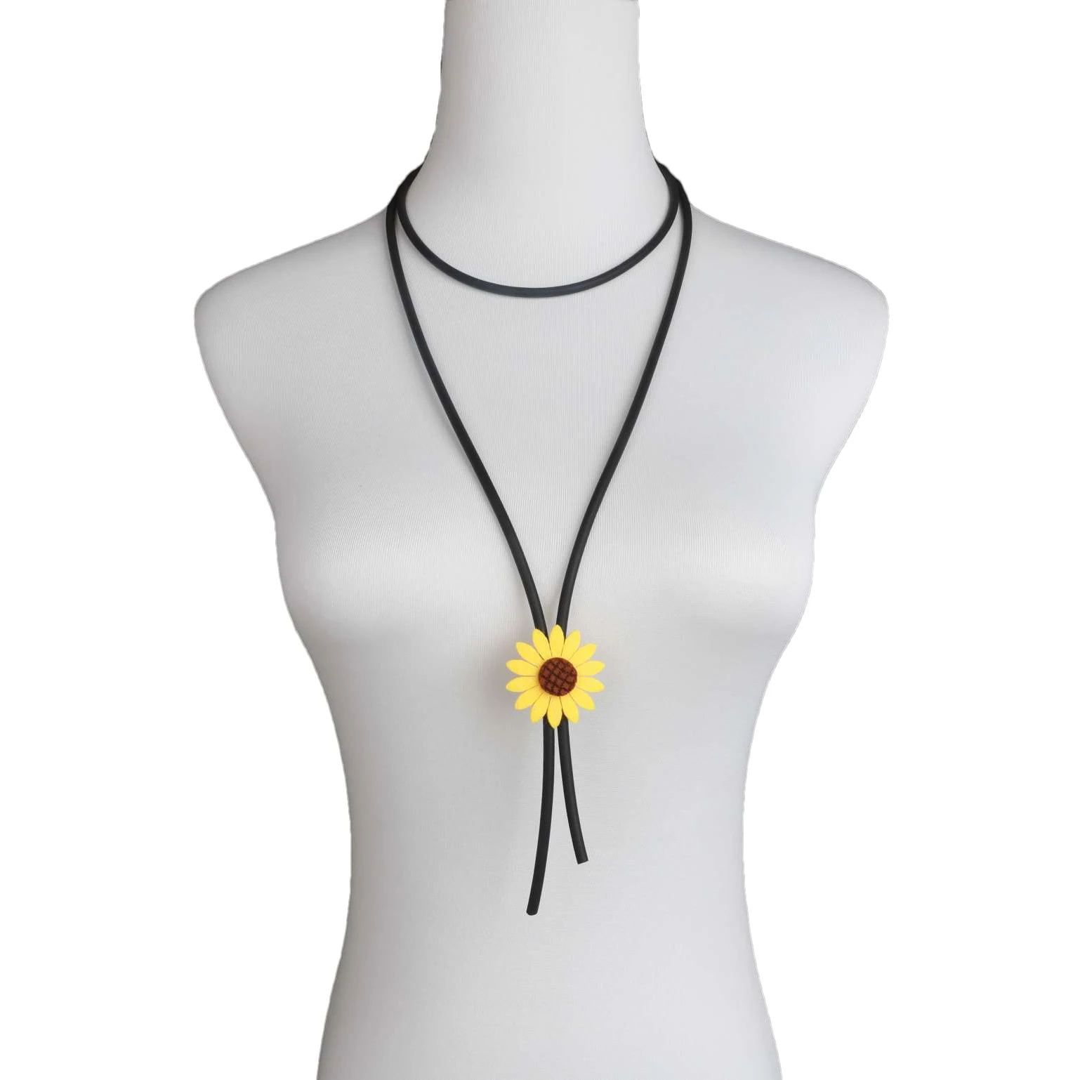 New Ethnic Style Handmade Simple Small Yellow Flower Double-layer Design Black Rubber Chain Retro Bohemian Style Women Necklace