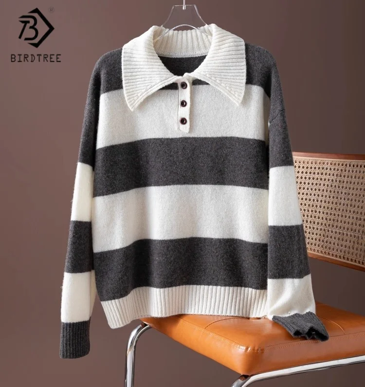 

Birdtree,100% Sheep Wool Stripe Knitted Sweater,Woman Polo Neck Full Sleeve Soft Knitwear,2025 Autumn Warmth Pullover T5O523JF
