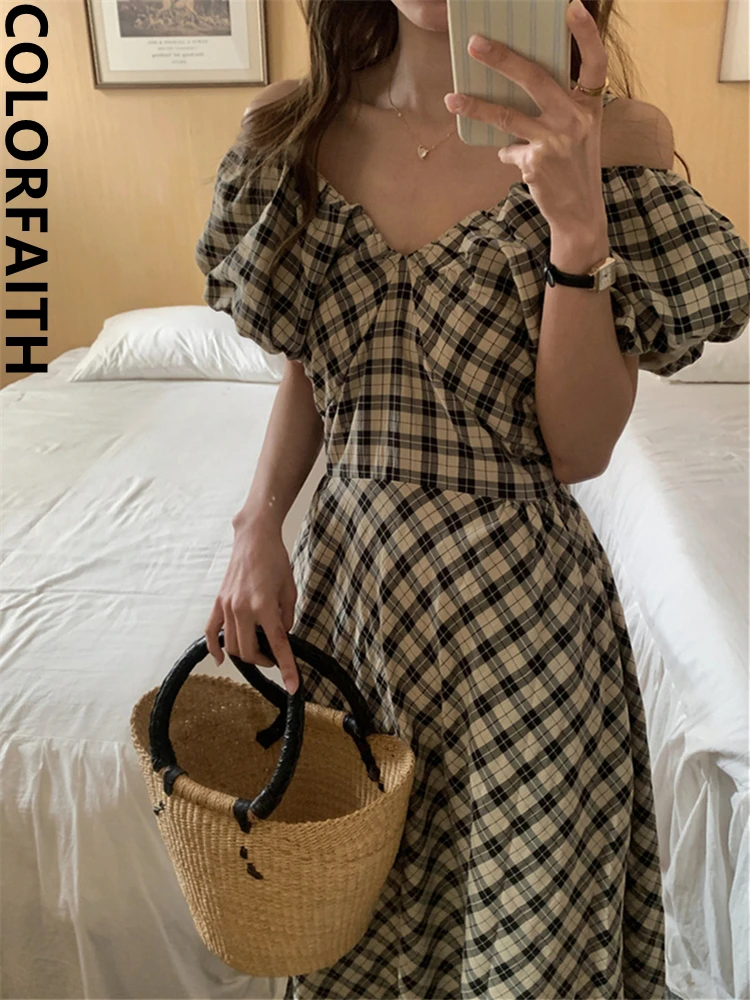 Colorfaith DR9977 New 2023 Checkered Lace Up Chic Korean Fashion Elegant Lady Puff Sleeve Women's Spring Summer Long Dresses