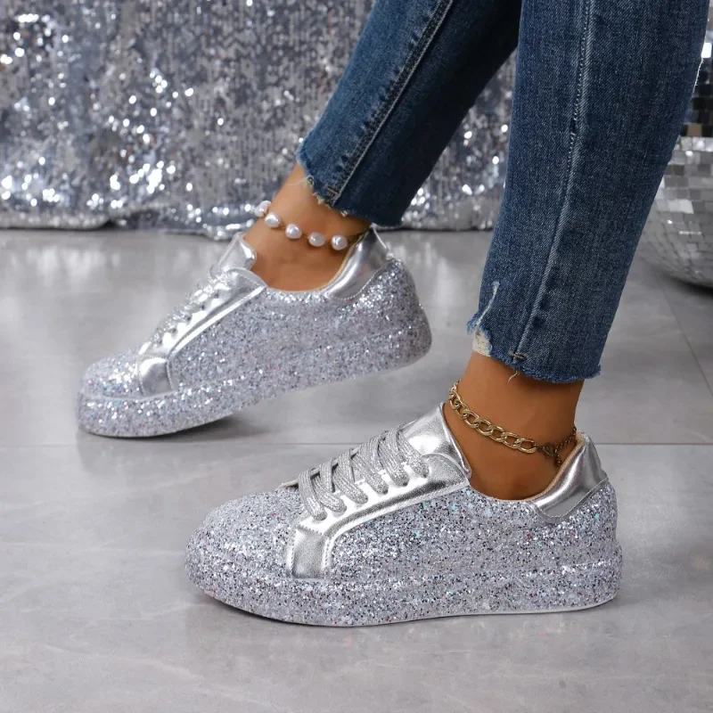 Women's glitter, vulcanized casual ostentatious shoes, platform with mesh cords, comfortable, large size, women's fashion, 2024