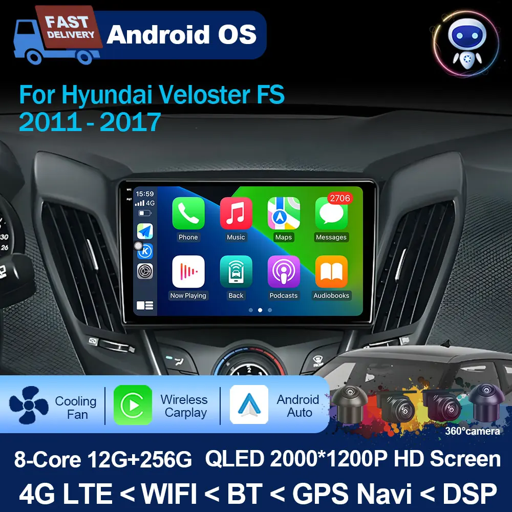 

9-дюймовый для Hyundai Veloster FS 2011-2017 Android OS Автомобильный мультимедийный радиоплеер GPS Navi Беспроводной Carplay WiFi BT 4G Головное устройство