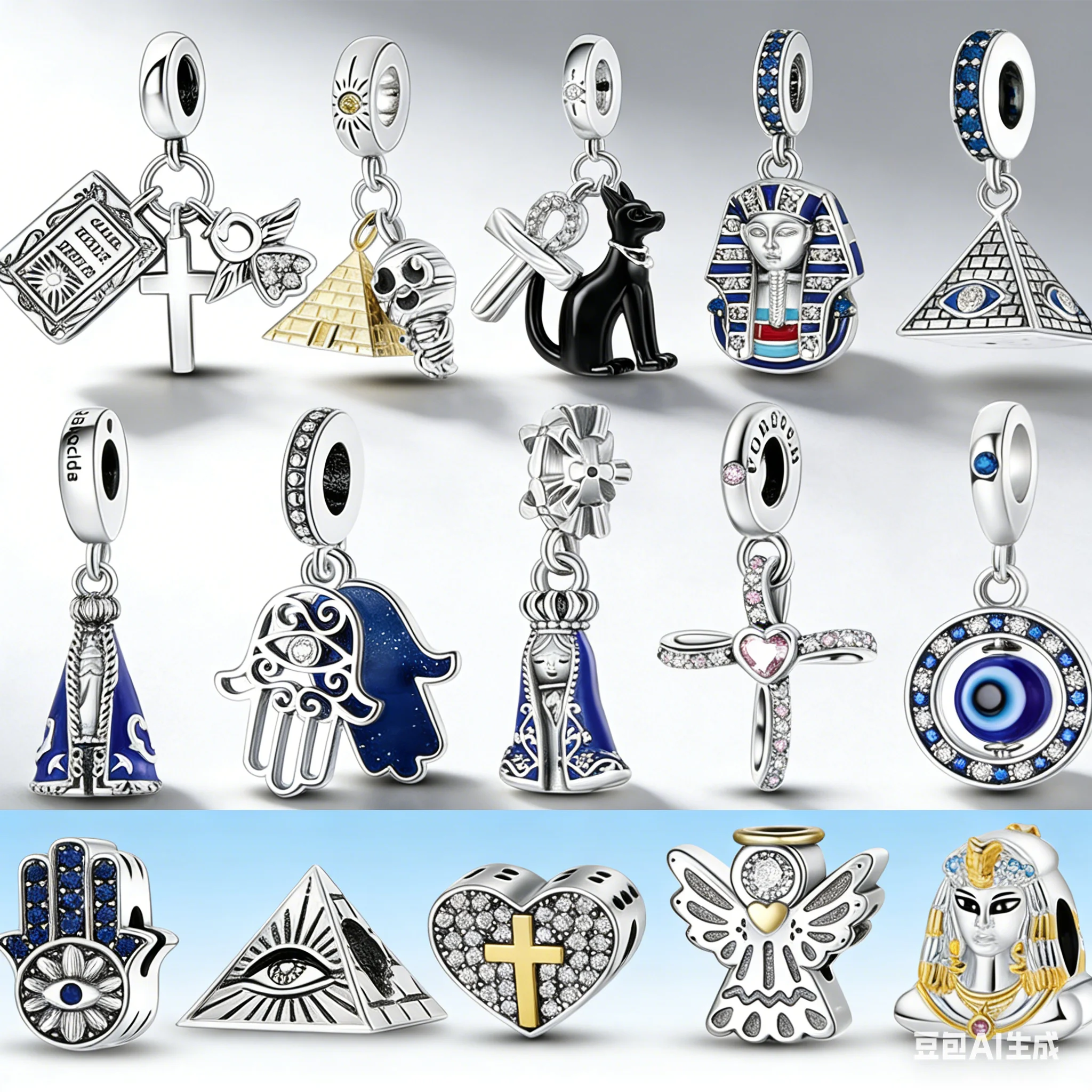 Pyramid Evil Eye Hamsa Cross Angel Original Charm Silver Plated Beads Fit Bracelets Bag Keychain Charms Diy Women Gift Accessory