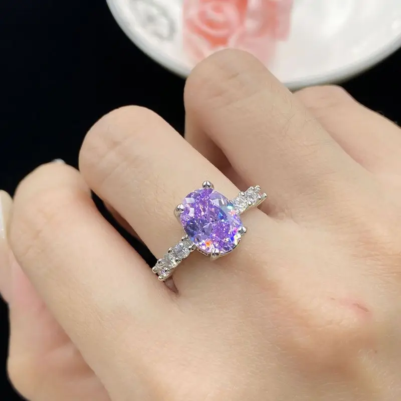 S925 pure silver ice-cut imported zirconium stone fluorescent light-changing pigeon egg ladies' fashionable ring jewelry