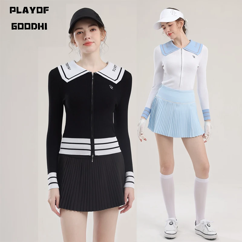 PL Golf Sweater Ladies FallWinter Stretch Long Sleeve Knitted Top College Style Lapel Golf Jackets Warm Windproof Slim Cardigan