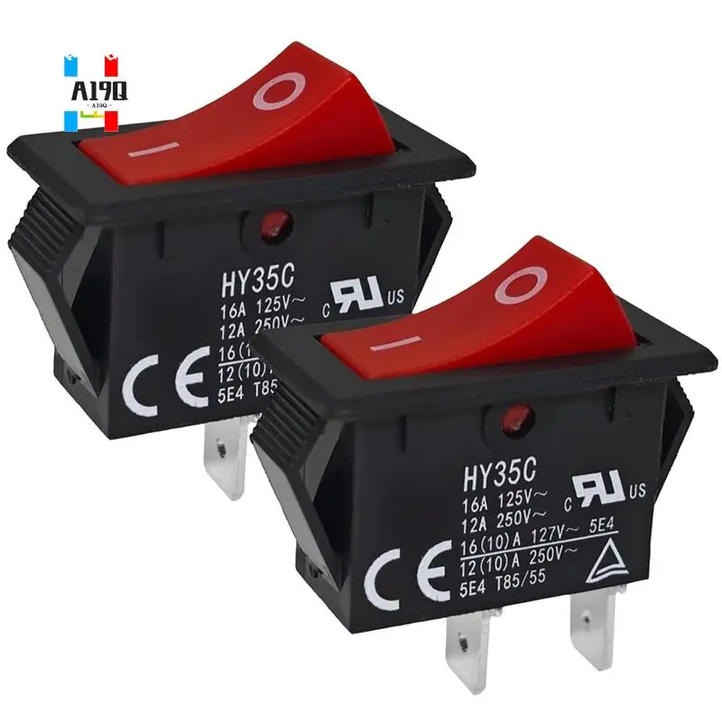A19Q-HY35C Push Button Switch (Pack Of 2) - On-Off 2-Pin AC 125/250V 16/12A Rocker Switch For Industrial Electric
