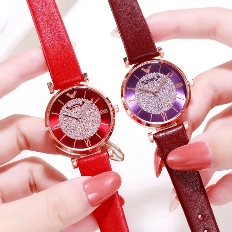 New Elegant Luxury Watches Women Alloy Analog Quartz Red Ladies Wrist Watch Rhinestone Leather Strap Watches for Women