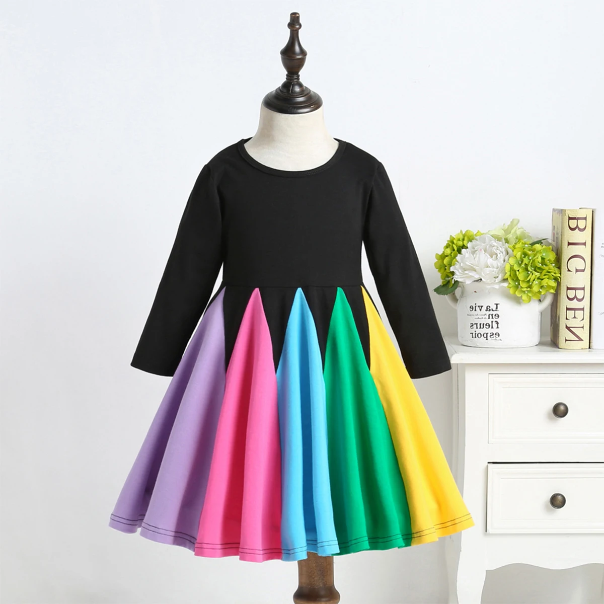 Girls Long Sleeve Rainbow Dress Winter Dress Cotton Casual A Word Rainbow Striped Dress Kids Dress Collar Kids Clothes