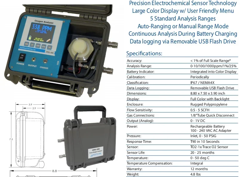 2026 Portable Electrochemical O2 Oxygen Analyzer for Glove Box or Pipeline Leak Detection 0-10/100/1000ppm/1%/25% OMD-580