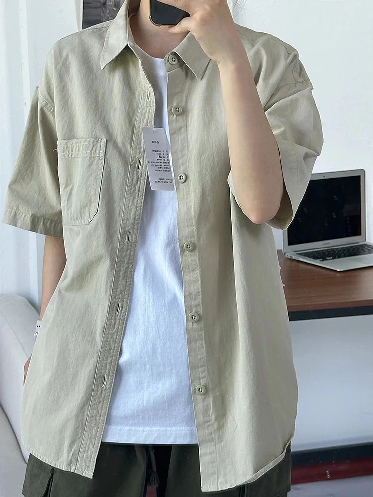 Khaki Short Sleeve Men's Shirt Thin Summer Cityboy Style Neutral Vintage Workwear Jacket Loose Fit Youth Trend Spring Season