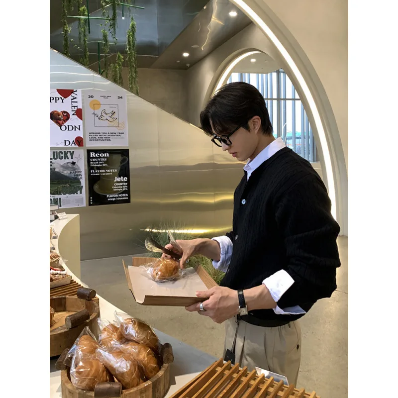 

Весенне-осенне-зимний вязаный свитер в корейском стиле, мужской кардиган с длинными рукавами, нишевый модный текстурированный универсальный свободный свитер