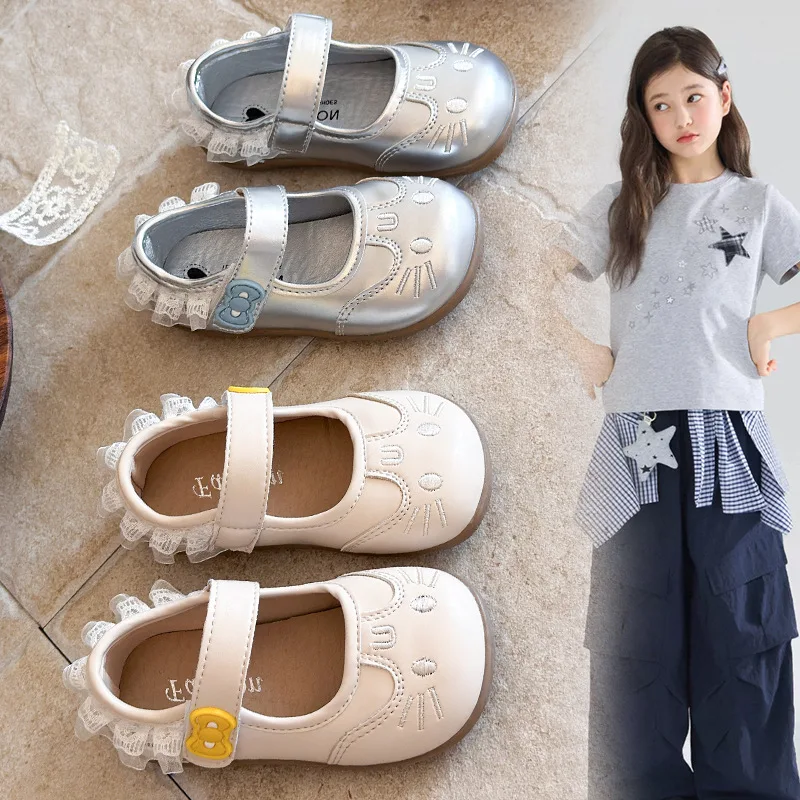 Girls Princess Shoes Soft Sole Spring Autumn New Lace Edge Kitten Cartoon PU Leather Shoes Loafer Flats Shoes
