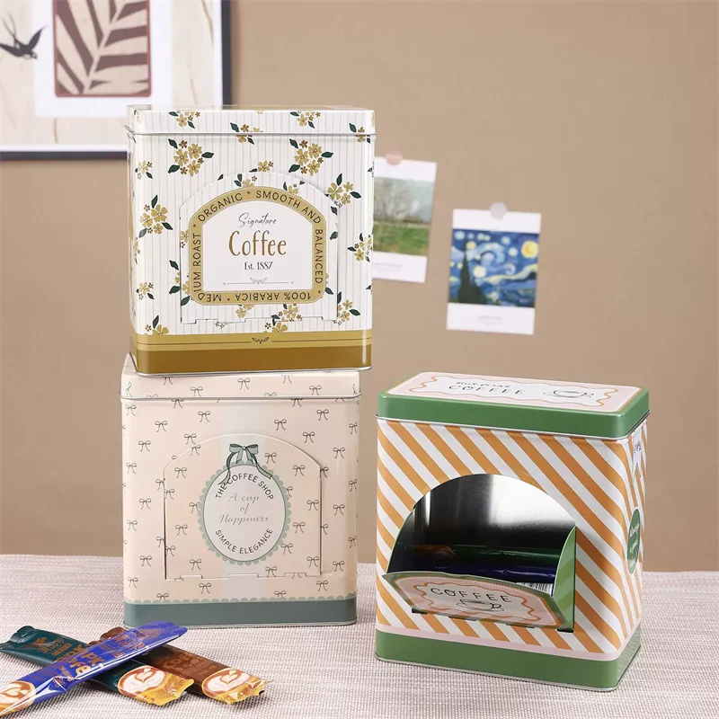 Flowers Square Metal Coffee Tins Can Dispenser Storage Box for Tea Bag Rectangular Desktop Storage Box with Side Opening