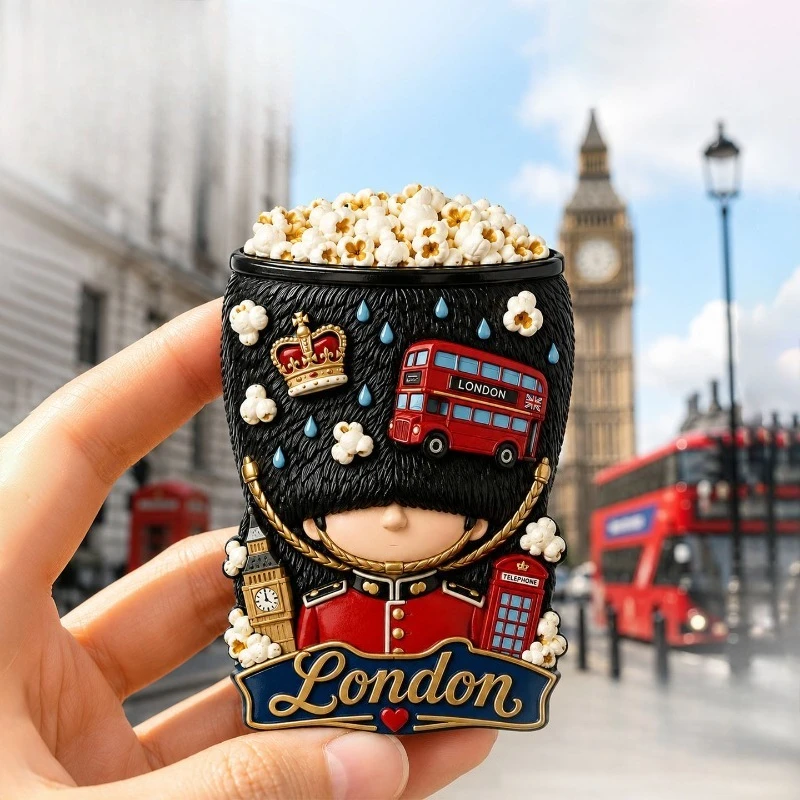 London Popcorn Bus Fridge Magnet - Fun 3D British Souvenir Unique UK Travel Gift for Movie & Kitchen Decor
