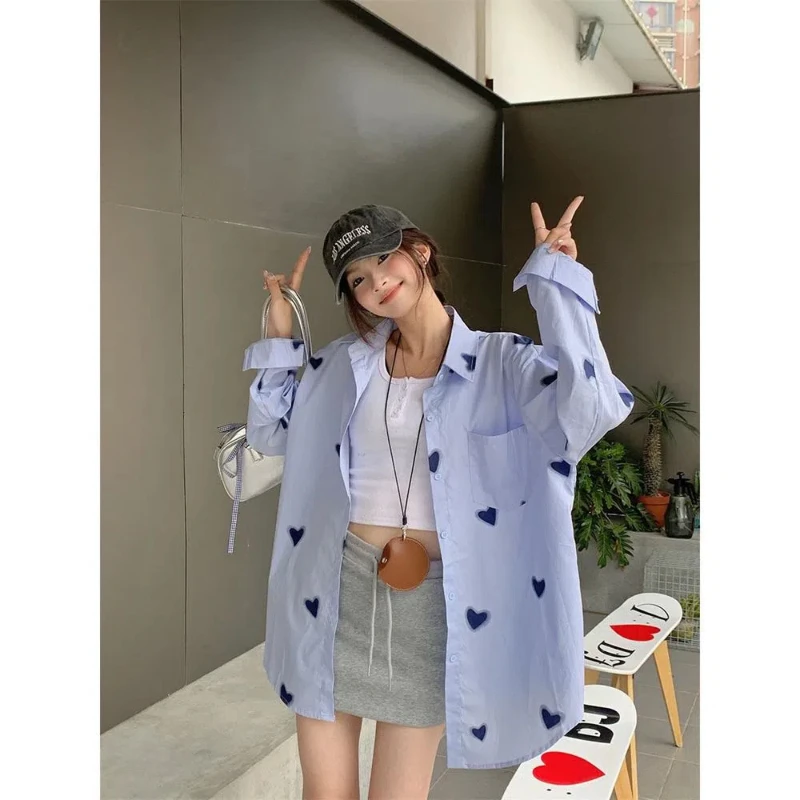 Korean Love Print Loose Blouse Long Sleeve Blue Polo Neck All-match Fashion Shirt Tops Spring Autumn Casual Trend Women Clothing