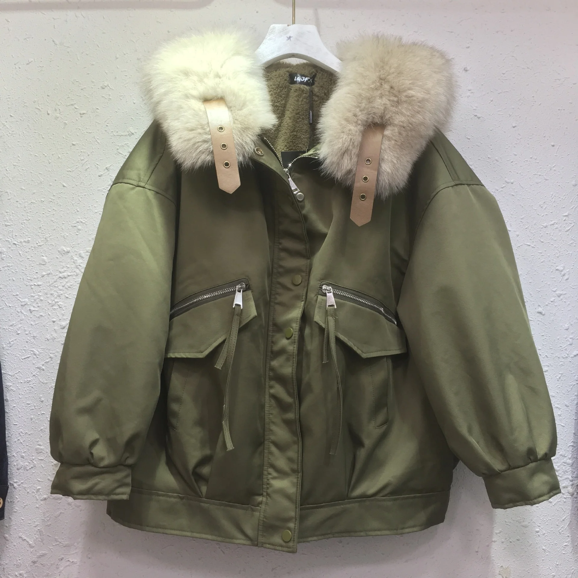 style Army green parka safari padded jacket female 2023 winter zipper loose warm real fox fur collar cotton coat for women