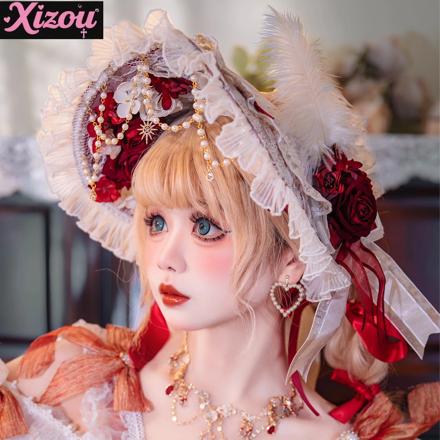 ロリータ風小物帽子ネックレス手袋ヘアアクセサリーフラワーウェディングネックヘッドドレスBntフラットハット女性用