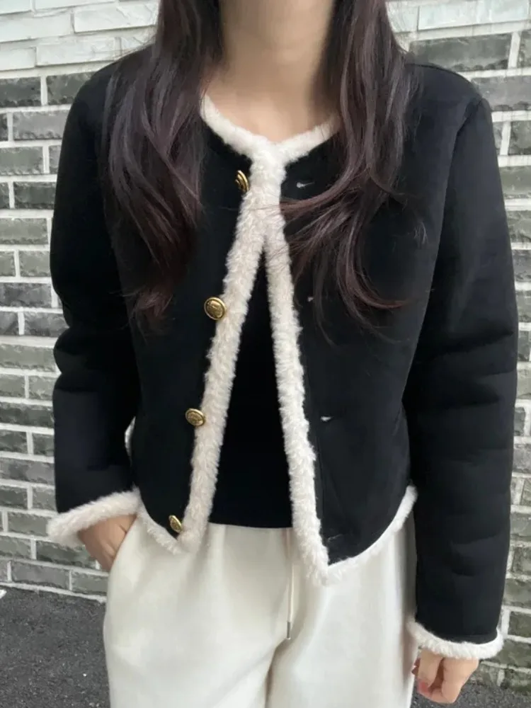 Cappotto invernale chic in pelliccia di agnello Jaet da donna con bottone singolo Ele Sle caldo cappotto con orlo dritto in fibra di poliestere