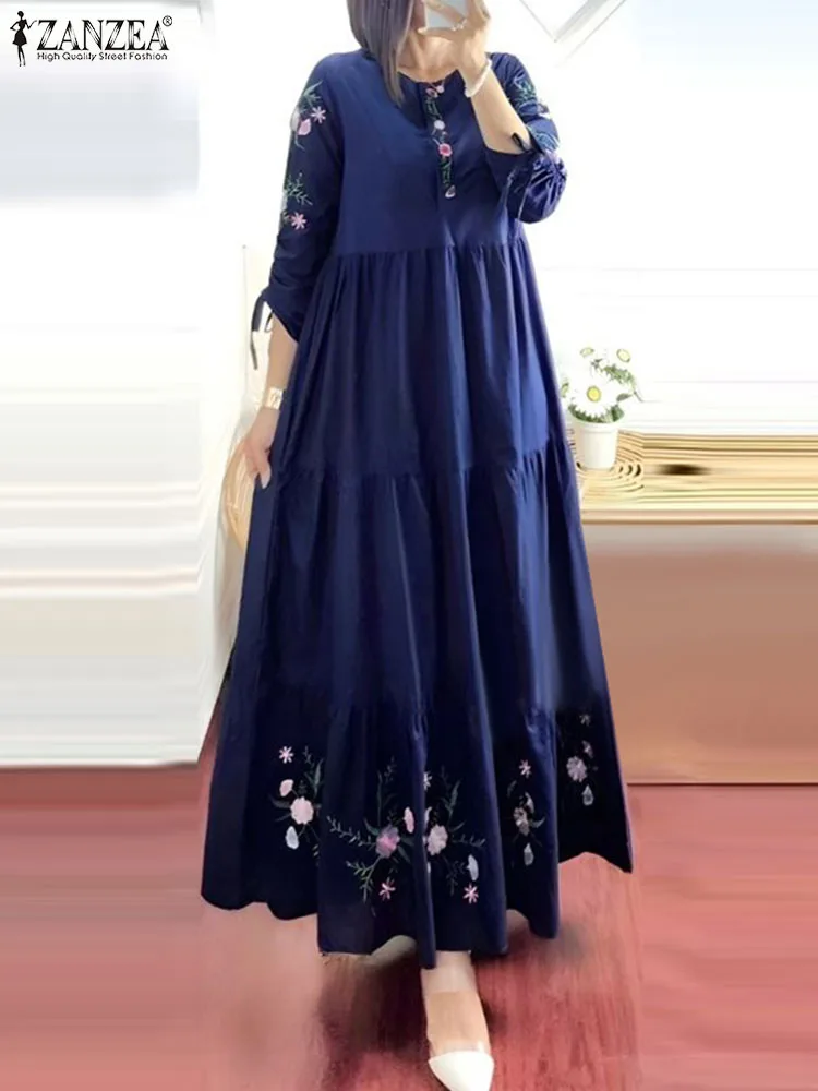 ZANZEA Elegant Floral Printed Muslim Dress Female Fashion Abaya Kaftan Sundress Woman Casual Ruffles Hem Maxi Robe Oversized