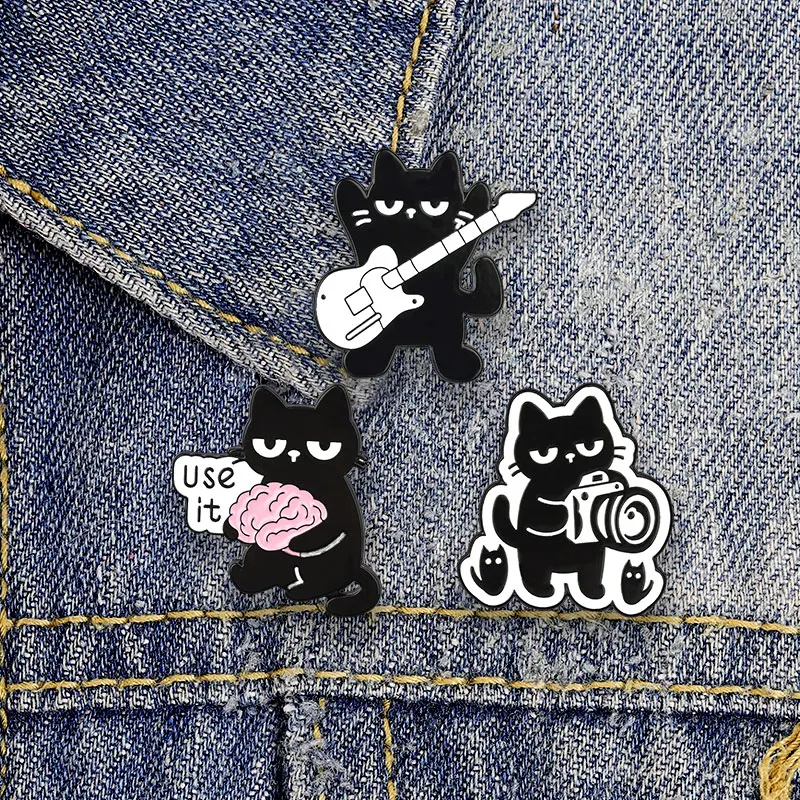Cute Black Cat Meme Enamel Pin Set “Use It” Brain Guitar Camera Cat Brooches Cool Animal Lapel Badge Jewelry Gift For Friends