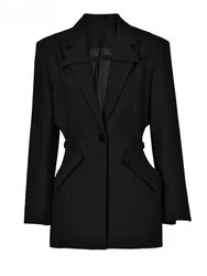 Blazer oco de cintura preta feminino, jaqueta de manga comprida de lapela, tamanho grande, moda casual, primavera, outono, novo